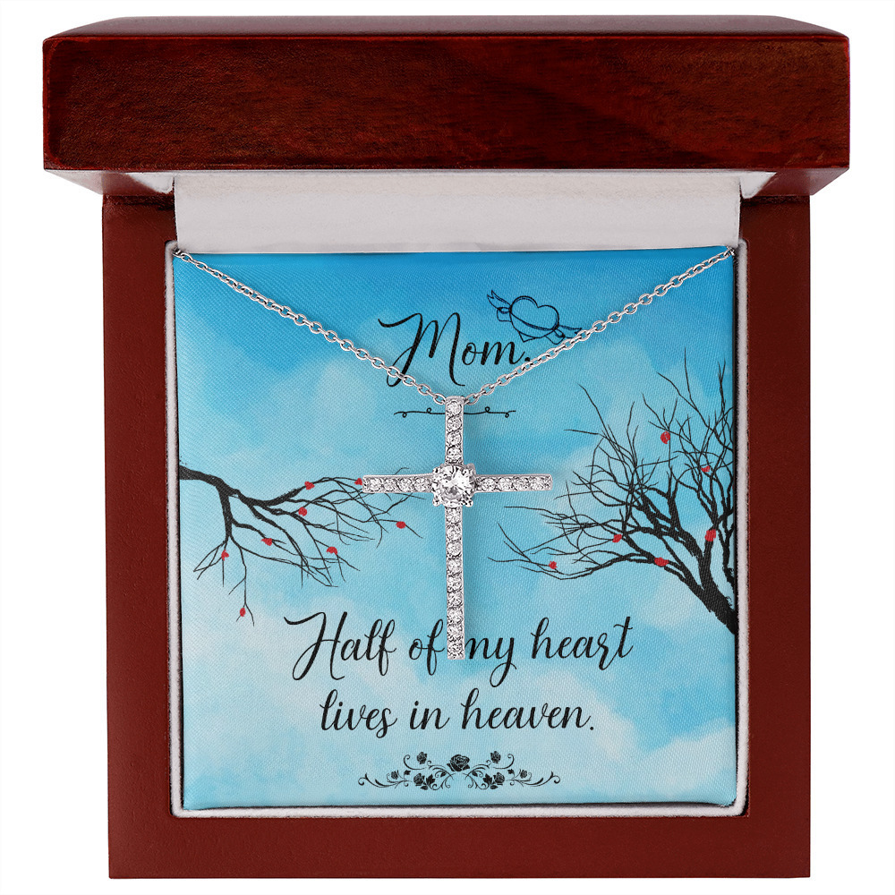 Half of my Heart Mom Remembrance CZ Cross Necklace Message Card